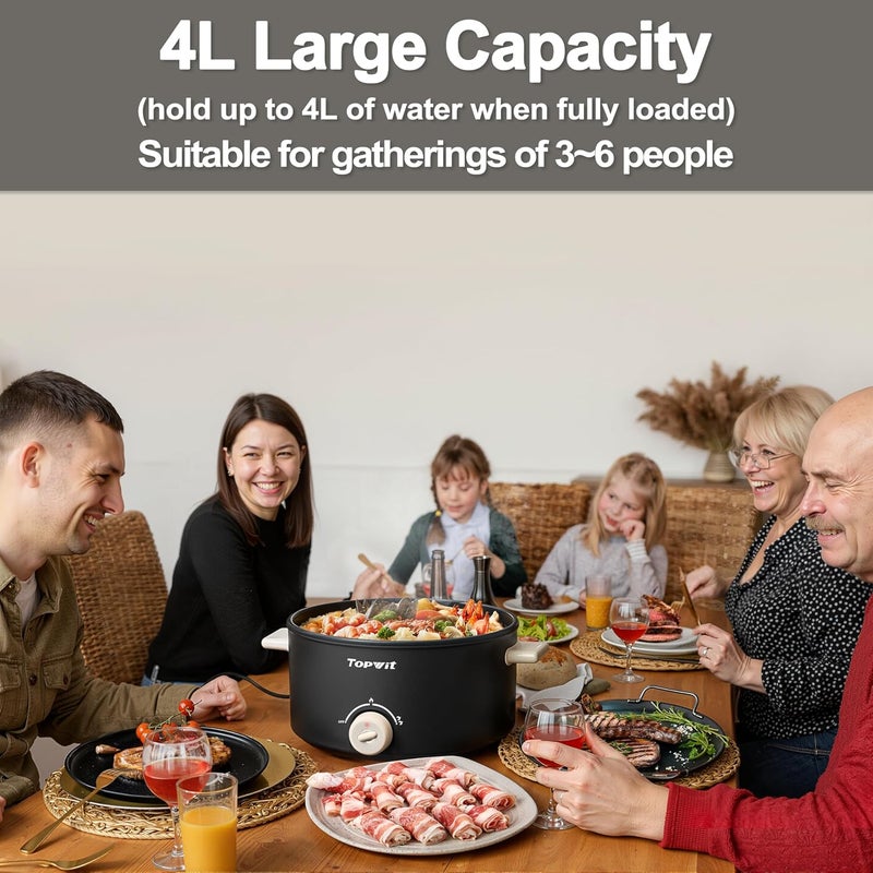 TopWit Hot Pot Electric, 4L Electric Pot with Non-Stick Coating, Dual Power Electric Cooker for Deep Frying, Steak, Pasta, Multi-Functional Large Capaity Shabu Shabu Pot for Party, Dark Black - Image 2
